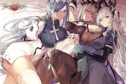 Rule 34 | 3girls, armpits, ash arms, ass, b-29 superfortress (ash arms), b-50 superfortress (ash arms), black gloves, blue eyes, blue hair, blunt bangs, breasts, brown eyes, brown hair, closed mouth, covered navel, cross, dress, earrings, elbow gloves, gloves, grey hair, hair between eyes, halter dress, halterneck, highres, hiiragi yuuichi, ho 229 (ash arms), holding, holding stuffed toy, jewelry, large breasts, long hair, looking at viewer, low wings, lying, multiple girls, on back, on side, pantyhose, parted lips, puffy sleeves, purple eyes, see-through, short sleeves, side slit, sidelocks, skindentation, star (symbol), stuffed toy, thigh strap, thighhighs, very long hair, white thighhighs, wings