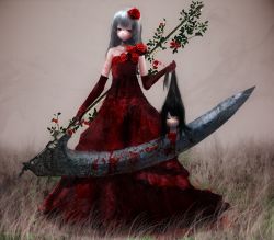 Rule 34 | 2girls, a line gown, black hair, blood, decapitation, decapitation, dress, dripping, elbow gloves, field, flower, gloves, gown, grass, guro, hair flower, hair ornament, holding, long hair, looking at viewer, multiple girls, original, outdoors, plant, red dress, red flower, red rose, rose, scythe, severed head, silver hair, strapless, strapless dress, weapon, yuyu (yuyuworks)