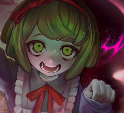 Rule 34 | 1girl, :d, blurry, close-up, commentary, danganronpa (series), danganronpa another episode: ultra despair girls, depth of field, dress, frills, green eyes, green hair, hairband, hand up, long sleeves, looking at viewer, neck ribbon, no nose, open mouth, pink dress, red hairband, red ribbon, ribbon, short hair, smile, solo, teeth, towa monaca, upper body, v1v404