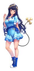 Rule 34 | 1girl, absurdres, arm behind back, black hair, blue dress, blue footwear, blue sash, blunt bangs, blush, boots, breasts, brown eyes, cleavage, cleavage cutout, closed mouth, clothing cutout, commentary request, demon girl, demon tail, dress, full body, hand up, highres, konekoneko (konekopi), large breasts, long hair, looking at viewer, medium bangs, nanashi inc., off-shoulder dress, off shoulder, sash, shimamura charlotte, shoes, short sleeves, sidelocks, simple background, smile, sneakers, solo, standing, tail, tan, transparent background, virtual youtuber, wavy hair