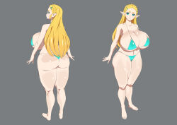 Rule 34 | 1girl, absurdres, ass, barefoot, bikini, blonde hair, blue eyes, breasts, cleavage, covered erect nipples, curvy, female focus, full body, highres, huge ass, huge breasts, ikataishogun (king squid), long hair, looking at viewer, nintendo, ponytail, princess zelda, solo, swimsuit, the legend of zelda, the legend of zelda: breath of the wild, thick thighs, thighs, wide hips