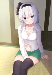 Rule 34 | 1girl, between legs, black ribbon, black thighhighs, blue eyes, blush, breasts, buttons, cleavage, collarbone, collared shirt, commentary request, dress shirt, firepo, hair between eyes, hair ribbon, hairband, highres, indoors, konpaku youmu, light particles, long hair, long sleeves, looking at viewer, medium breasts, miniskirt, navel, parted lips, partially unbuttoned, ribbon, shirt, sitting, skirt, solo, stomach, tatami, thighhighs, thighs, touhou, white hair, white shirt, zettai ryouiki