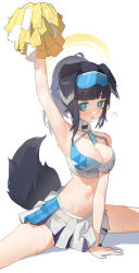 Rule 34 | 1girl, absurdres, animal ears, arm up, bare shoulders, black hair, blue archive, blue eyes, blush, breasts, cheerleader, cleavage, crop top, dog ears, dog girl, dog tail, eyewear on head, flying sweatdrops, halo, hands on ground, hibiki (blue archive), hibiki (cheer squad) (blue archive), highres, holding, holding pom poms, looking at viewer, midriff, millennium cheerleader outfit (blue archive), miniskirt, navel, open mouth, pleated skirt, pom pom (cheerleading), pom poms, ponytail, shenqi de (9), sitting, skirt, solo, spread legs, sticker on arm, sticker on face, sunglasses, tail, white skirt, wide spread legs
