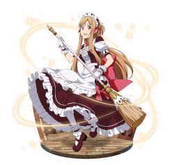 Rule 34 | 1girl, :d, apron, asuna (sao), bow, brown dress, brown eyes, brown hair, dress, floating hair, frilled dress, frills, full body, gloves, hair ribbon, holding, long hair, looking at viewer, maid headdress, open mouth, pantyhose, red bow, red ribbon, ribbon, short sleeves, simple background, smile, solo, sword art online, very long hair, white apron, white background, white gloves, white pantyhose