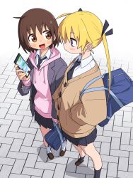 2girls :d ahoge bag black_necktie black_ribbon black_skirt black_socks blazer blonde_hair blush blush_stickers brick_floor brown_cardigan brown_eyes brown_footwear brown_hair cardigan cellphone collared_shirt drawstring from_above full_body grey_jacket hair_between_eyes hair_ribbon hands_in_pockets highres holding holding_bag holding_phone hood hood_down hoodie jacket kill_me_baby kneehighs loafers long_sleeves looking_at_another looking_at_phone medium_hair multiple_girls necktie open_clothes open_jacket open_mouth oribe_yasuna phone pink_hoodie pleated_skirt purple_eyes ribbon shirt shoes shoulder_bag skirt smartphone smile socks sonya_(kill_me_baby) twintails white_background white_shirt white_socks yachima_tana