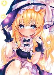 Rule 34 | 1girl, :/, animal ears, apron, black bow, black bowtie, black dress, black gloves, black hat, blonde hair, blue eyes, blush, bow, bowtie, breasts, cat ears, cat tail, closed mouth, commentary request, dress, feet out of frame, fingerless gloves, frills, gloves, hair bow, hair ribbon, hand on headwear, hands up, hat, hat bow, kemonomimi mode, kirisame marisa, legs together, long hair, looking at viewer, marker (medium), medium breasts, moni monico, ribbon, sidelocks, simple background, sitting, solo, star (symbol), tail, touhou, traditional media, tress ribbon, very long hair, waist apron, white apron, white background, white bow, witch hat, ||/