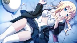Rule 34 | 1girl, black jacket, blonde hair, blue eyes, blue skirt, blush, cameltoe, clothes lift, collarbone, dress shirt, from above, game cg, hatozuki tsumiki, jacket, long hair, long sleeves, looking at viewer, lying, miniskirt, on back, open clothes, open jacket, open mouth, open shirt, panties, pleated skirt, shaneorka, shiny skin, shirt, skirt, skirt lift, solo, soukoku no arterial, thigh gap, thighhighs, unbuttoned, unbuttoned shirt, underwear, white panties, white shirt, white thighhighs