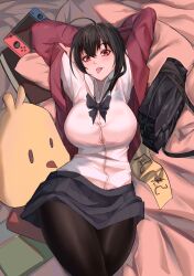 Rule 34 | 1girl, absurdres, ahoge, armband, azur lane, bag, black bag, black bow, black bowtie, black hair, black pantyhose, black skirt, bow, bowtie, bra, bra visible through clothes, breasts, button gap, hair between eyes, highres, huge ahoge, jacket, large breasts, long sleeves, looking at viewer, loose bowtie, lying, manjuu (azur lane), miniskirt, nintendo switch, official alternate costume, on back, pantyhose, pleated skirt, red eyes, red jacket, school bag, school uniform, shirt, skirt, solo, taihou (azur lane), taihou (sweet time after school) (azur lane), tongue, tongue out, underwear, white bra, white shirt, yanmengsi, yellow armband