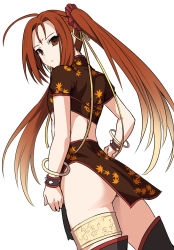 Rule 34 | 1girl, ass, back, boots, bracelet, fate/grand order, fate (series), jewelry, long hair, looking at viewer, midriff, nezha (fate), no panties, orange eyes, orange hair, shiseki hirame, simple background, solo, spiked bracelet, spikes, thigh boots, thighhighs, twintails, white background