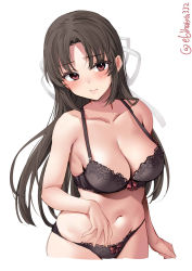 Rule 34 | 1girl, bare shoulders, black bra, black panties, bra, breasts, brown hair, cleavage, closed mouth, cropped legs, ebifurya, highres, hiyou (kancolle), kantai collection, large breasts, long hair, looking at viewer, navel, one-hour drawing challenge, panties, parted bangs, red eyes, simple background, solo, twitter username, underwear, underwear only, white background