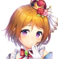 Rule 34 | 1girl, bad id, bad pixiv id, bow, bowtie, brooch, brown hair, crown, flower, frills, gloves, hair flower, hair ornament, hand to own mouth, highres, jewelry, koizumi hanayo, kokkeina budou, kyouou ena, looking at viewer, love live!, love live! school idol festival, love live! school idol project, pink flower, pink rose, portrait, purple eyes, red eyes, red flower, red rose, rose, short hair, simple background, smile, smug, solo, striped bow, striped bowtie, striped clothes, striped neckwear, white background, white gloves