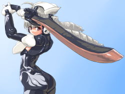 Rule 34 | 10s, 1girl, alternate costume, ass, bad id, bad pixiv id, bodysuit, busou shinki, dd (ijigendd), doll joints, drill hair, gloves, gradient background, joints, long hair, looking back, pink eyes, raised eyebrow, silver hair, solo, sword, weapon, yda