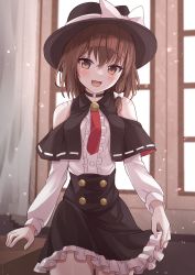 Rule 34 | 1girl, :d, absurdres, black capelet, black choker, black hat, black skirt, blouse, blush, brown eyes, brown hair, buttons, capelet, center frills, choker, clothing cutout, cowboy shot, detached sleeves, eyelashes, fedora, fingernails, frills, hair ribbon, hand on table, hat, highres, looking at viewer, necktie, open mouth, puffy sleeves, ramie (ramie541), red necktie, ribbon, ribbon-trimmed capelet, shirt, short hair, shoulder cutout, skirt, skirt set, sleeveless, sleeveless shirt, smile, solo, standing, table, tongue, touhou, tress ribbon, usami renko, white curtains, white ribbon, white shirt, white sleeves, window, wooden table