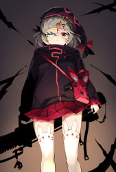 Rule 34 | 1girl, animal ear legwear, arknights, bag, black hat, black jacket, closed mouth, commentary request, eyepatch, grey hair, hair ornament, hair over one eye, hairclip, hat, holding, jacket, looking at viewer, pleated skirt, popukar (arknights), rabbit ear legwear, red eyes, red skirt, shoulder bag, silhouette, skirt, solo, standing, thighhighs, white thighhighs, x hair ornament, youhei 64d