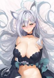 Rule 34 | 1girl, animal ears, arm under breasts, artist name, bare shoulders, black choker, black dress, black gloves, blue archive, breasts, choker, detached sleeves, dress, extra ears, frilled dress, frills, gloves, grabbing own arm, grey eyes, grey hair, halo, highres, large breasts, long hair, looking at viewer, navel, obiwan, parted lips, shiroko (blue archive), shiroko terror (blue archive), solo, stomach, very long hair, weisuoxin, wolf ears
