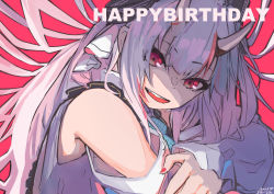 Rule 34 | 1girl, black bow, blue neckwear, bow, commentary, dated, detached sleeves, hair bow, happy birthday, hololive, horns, long hair, looking at viewer, multicolored hair, nakiri ayame, nakiri ayame (girly), oni, open mouth, red background, red eyes, red hair, simple background, skin-covered horns, smile, solo, streaked hair, tsumeki, upper body, virtual youtuber, white hair