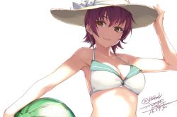 Rule 34 | 10s, 1girl, adapted costume, alternate costume, armpits, ball, bare shoulders, bikini, bikini top only, blush, breasts, collarbone, dated, hand on headwear, hat, kantai collection, kinu (kancolle), medium breasts, orange eyes, red hair, rokuwata tomoe, short hair, smile, solo, swimsuit, twitter username, upper body