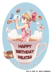 Rule 34 | 1girl, apron, bf. (sogogiching), cup, drinking, in container, in cup, looking at viewer, milk, mini person, minigirl, naked apron, ponytail, simple background, solo, tea