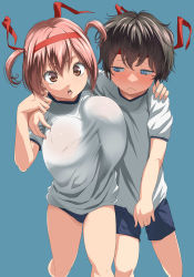Rule 34 | 1boy, 1girl, blue eyes, blush, breast press, breasts, brown eyes, brown hair, bulge, erection, erection under clothes, hairband, highres, huge breasts, implied erection, kloah, open mouth, oppai loli, pink hair, running, short hair