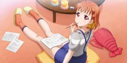 Rule 34 | 1girl, artist name, artist request, bare legs, blue pants, blue shorts, blush, book, book on lap, bow, braid, breasts, collarbone, cup, female focus, footwear bow, grey shirt, highres, holding, holding pen, indoors, looking at viewer, looking back, love live!, love live! school idol festival, love live! school idol festival all stars, love live! sunshine!!, orange hair, pants, paper, parted lips, pen, pillow, puffy short sleeves, puffy sleeves, red eyes, shirt, shoes, short hair, short sleeves, shorts, side braid, single braid, sitting, sitting on pillow, slippers, smile, socks, solo, stuffed animal, stuffed toy, table, takami chika, worried, yellow bow, yellow footwear