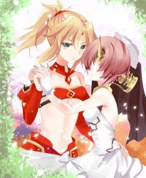 Rule 34 | 2girls, bad id, bad pixiv id, bare arms, bare shoulders, blonde hair, bra, braid, breasts, commentary request, day, detached sleeves, dress, fate/apocrypha, fate (series), frankenstein&#039;s monster (fate), gloves, green eyes, hair between eyes, hair ornament, hair over eyes, hair scrunchie, headgear, holding hands, horns, leaf, looking at viewer, medium breasts, medium hair, mordred (fate), mordred (fate/apocrypha), multiple girls, navel, outdoors, pink hair, ponytail, qi feng, red scrunchie, red sleeves, scrunchie, short hair, single horn, smile, strapless, underwear, white dress, white gloves, yuri