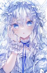 Rule 34 | 1girl, absurdres, blue dress, blue eyes, blue hairband, blush, choker, dress, flower, frilled choker, frilled dress, frilled wristband, frills, hair flower, hair ornament, hairband, hairclip, hairpin, hand on own face, highres, jewelry, lolita fashion, lolita hairband, long hair, looking at viewer, multiple hairpins, nail polish, noyu (noyu23386566), original, parted lips, ring, rose, simple background, solo, upper body, white flower, white hair, white rose