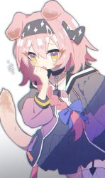 Rule 34 | 1girl, animal ears, arknights, black bow, black collar, black hairband, black jacket, black skirt, blue bow, blush, bow, braid, cat ears, cat tail, collar, floppy ears, flying sweatdrops, garter straps, goldenglow (arknights), hair between eyes, hair bow, hairband, hand to own mouth, highres, jacket, long hair, multicolored clothes, multicolored jacket, niteenet, open clothes, open jacket, open mouth, pink hair, pink jacket, shadow, shirt, simple background, skirt, solo, tail, tail raised, thighhighs, two-tone jacket, white background, white shirt, white thighhighs, yellow eyes