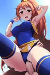 Rule 34 | 1boy, 1girl, armpits, bare shoulders, blush, breasts, brown eyes, brown hair, censored, cheerleader, clothing aside, covered erect nipples, hair ornament, hetero, high ponytail, highres, idolmaster, idolmaster cinderella girls, impossible clothes, long hair, looking at viewer, medium breasts, navel, open mouth, pataneet, penis, ponytail, pussy, sex, sex from behind, skirt, standing, standing sex, sweat, vaginal, very long hair, wakabayashi tomoka