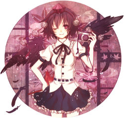 Rule 34 | 1girl, ;), bad id, bad pixiv id, bird wings, black hair, black ribbon, black skirt, black wings, bow, bowtie, camera, circle, collared shirt, cowboy shot, hand fan, feathers, female focus, frilled skirt, frills, hand on own hip, hat, looking at viewer, nozomi fuuten, one eye closed, puffy short sleeves, puffy sleeves, red eyes, ribbon, shameimaru aya, shirt, short hair, short sleeves, skirt, smile, solo, tokin hat, touhou, white shirt, wings, wink
