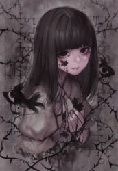 Rule 34 | 1girl, black eyes, black hair, closed mouth, commentary request, doku-chan (dokkudokudoku), dress, extra eyes, glaring, grey dress, highres, jitome, juliet sleeves, long hair, long sleeves, looking at viewer, original, plant, puffy sleeves, puzzle piece, solo, thorns, vines, yandere
