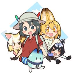 Rule 34 | &gt; &lt;, 10s, 4girls, :3, :d, absurdres, animal ears, bare shoulders, black eyes, black gloves, black hair, blonde hair, blush stickers, bow, bowtie, brown eyes, bucket hat, closed eyes, closed mouth, common raccoon (kemono friends), elbow gloves, fang, fennec (kemono friends), fox ears, gloves, grey hat, hair between eyes, hat, hat feather, highres, kaban (kemono friends), kemono friends, looking at viewer, lucky beast (kemono friends), mousou (mousou temporary), multiple girls, open mouth, orange eyes, paw pose, pink shirt, puffy short sleeves, puffy sleeves, raccoon ears, red shirt, serval (kemono friends), serval print, shirt, short hair, short sleeves, sleeveless, sleeveless shirt, smile, white gloves, white shirt, xd, yellow neckwear