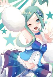 Rule 34 | 1girl, ;d, arm up, arm warmers, armpits, blue choker, blue shirt, blue skirt, blush, breasts, choker, cleavage, commentary request, creatures (company), eyelashes, game freak, green eyes, green hair, hand up, head tilt, highres, idol, lisia (pokemon), long hair, looking at viewer, nintendo, one eye closed, open mouth, pokemon, pokemon oras, shirt, shorts, shorts under skirt, skirt, smile, solo, ssn (sasa8u9r), star (symbol), teeth, tongue, upper teeth only, white background