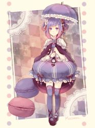 Rule 34 | 1girl, argyle, argyle background, argyle clothes, black footwear, blouse, blue eyes, blue hair, blue skirt, blue thighhighs, blueberry, blueberry hair ornament, bow, bubble skirt, cape, food, food-themed hair ornament, fruit, full body, gensou aporo, gradient hair, hair ornament, hair rings, looking at viewer, macaron, matching hair/eyes, multicolored hair, original, parasol, personification, pink hair, pocketland, print thighhighs, red bow, shirt, shoes, short hair, skirt, smile, solo, standing, striped clothes, striped skirt, thighhighs, umbrella