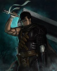 Rule 34 | 1boy, bandaged arm, bandaged hand, bandages, berserk, black hair, closed mouth, cowboy shot, dagger, guts (berserk), highres, holding, holding sword, holding weapon, knife, looking at viewer, male focus, muscular, muscular male, night, one eye closed, outdoors, short hair, solo, standing, sword, weapon, yappo (point71)