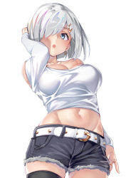 Rule 34 | 1girl, alternate costume, arm at side, bare shoulders, belt, black thighhighs, blue eyes, breasts, collar, commentary request, contemporary, contrapposto, denim, denim shorts, ebifurya, from below, groin, hair flip, hair ornament, hair over one eye, hairclip, hamakaze (kancolle), highres, impossible clothes, impossible shirt, kantai collection, large breasts, looking to the side, navel, off shoulder, shirt, short hair, short shorts, shorts, silver hair, simple background, solo, thighhighs, thighs, white background, white belt, white shirt