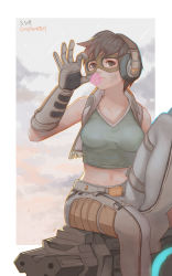 Rule 34 | 1girl, bad id, bad pixiv id, breasts, brown eyes, brown gloves, brown hair, blowing bubbles, chewing gum, cloud, cloudy sky, collarbone, copyright name, crop top, d.va (overwatch), dirty, dirty clothes, dirty face, gloves, goggles, grease, hand on goggles, headphones, highres, leg up, looking at viewer, medium breasts, meka (overwatch), midriff, mizu (dl7613), navel, official alternate costume, outdoors, overwatch, overwatch 1, pants, scavenger d.va, shirt, short hair, sitting, sitting on object, sky, sleeveless, sleeveless shirt, solo, v-neck, vest