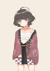 Rule 34 | ahoge, alternate costume, beige background, black hair, blunt bangs, chest sarashi, clothes writing, cowboy shot, happi, highres, japanese clothes, kantai collection, kishinami (kancolle), looking at viewer, sarashi, short hair, simple background, solo, standing, toplow, wavy hair, yellow eyes