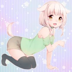 Rule 34 | 1girl, :d, all fours, animal ears, azuki (krps-hano), black thighhighs, blush, brown eyes, brown hair, choker, dog ears, dog tail, full body, green shirt, highres, long hair, manatsuki manata, no shoes, open mouth, original, outline, shirt, smile, solo, star (symbol), striped, striped background, tail, thighhighs, vertical stripes
