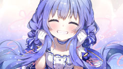 Rule 34 | 1girl, blue bow, blush, bow, choker, closed eyes, collarbone, commentary request, dress, flat chest, from above, gradient background, grin, hair bow, hand in own hair, heart, highres, holding, holding own hair, long hair, nijisanji, pink ribbon, purple hair, ribbon, simple background, smile, solo, syuri22, upper body, virtual youtuber, white dress, wrist cuffs, yuuki chihiro, yuuki chihiro (8th costume)