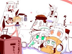Rule 34 | &gt; &lt;, 6+girls, abyssal ship, ahoge, airfield princess, animal ears, apron, blonde hair, blush stickers, breasts, brown hair, rabbit ears, chibi, collar, comic, commentary request, cup, dress, enemy aircraft (kancolle), fake animal ears, flailing, food, food on head, green eyes, hair between eyes, hairband, horns, huge breasts, kantai collection, large breasts, long hair, long sleeves, meatball, mittens, moomin, mug, multiple girls, muppo, musical note, navel, new submarine princess, northern water princess, object on head, onesie, open mouth, orange eyes, pasta, pleated skirt, red eyes, rensouhou-chan, sako (bosscoffee), seaport princess, shimakaze (kancolle), short hair, sidelocks, single horn, sitting, skirt, sleeveless, sleeveless dress, smile, spaghetti, spaghetti and meatballs, television, translation request, white hair, wide sleeves, yukikaze (kancolle)