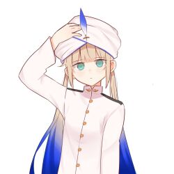 Rule 34 | 1boy, blue hair, brown hair, captain nemo (fate), closed mouth, fate/grand order, fate (series), gradient hair, green eyes, hand on own head, highres, jacket, long hair, long sleeves, looking at viewer, multicolored hair, nemo (fate), sambel kacang1, sidelocks, solo, turban, twintails, upper body, very long hair, white background, white headwear, white jacket