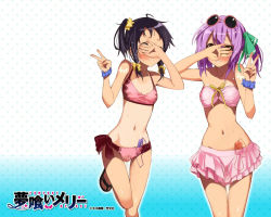 Rule 34 | 2girls, :d, ;d, alternate hair color, bandeau, bikini, black hair, brown eyes, casual one-piece swimsuit, checkered clothes, checkered swimsuit, derivative work, eyewear on head, fang, front-tie top, green eyes, kounagi yui, multiple girls, navel, one-piece swimsuit, one eye closed, open mouth, ponytail, purple hair, ribbon, sandals, sex toy, short hair, side ponytail, smile, sunglasses, swimsuit, tachibana isana, tan, tanline, third-party edit, ushiki yoshitaka, v, vibrator, wallpaper, wink, yumekui merry