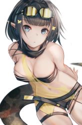 Rule 34 | 1girl, absurdres, arknights, bandeau, bare shoulders, black hair, black panties, black scarf, blue eyes, blunt bangs, chinese commentary, commentary request, cowboy shot, eunectes (arknights), goggles, goggles on head, highres, laozhanshi, looking at viewer, panties, partial commentary, pointy ears, revision, scarf, see-through, short hair, simple background, snake tail, solo, strapless, tail, thigh strap, thighs, torn clothes, tube top, underwear, white background