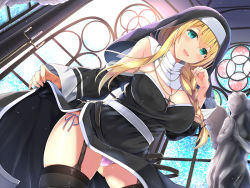 Rule 34 | 1girl, angel statue, aqua eyes, black thighhighs, blonde hair, braid, breasts, cleavage, clothes lift, detached sleeves, from below, garter straps, habit, indoors, jewelry, large breasts, lifting own clothes, long hair, long sleeves, looking at viewer, necklace, nun, open mouth, original, panties, pantyshot, sister emilia, skirt, skirt lift, smile, solo, standing, statue, thighhighs, underwear, white panties, window, yukimochi kinako