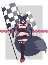 Rule 34 | 1girl, animal ear fluff, animal ears, black jacket, black thighhighs, blue eyes, breasts, checkered flag, choker, cleavage, ear piercing, flag, fox ears, fox girl, fox tail, hair ornament, hairclip, highleg, highleg panties, highres, holding, holding flag, huge breasts, jacket, kiri (sub-res), large tail, midriff, miniskirt, nail polish, navel, notched ear, open clothes, open jacket, original, panties, piercing, race queen, red nails, simple background, skirt, smile, sub-res, tail, thighhighs, underwear, zettai ryouiki