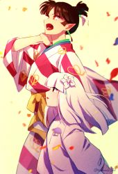 Rule 34 | 2girls, black hair, bow, earrings, flower, hair flower, hair ornament, hand on own neck, height difference, highres, inuyasha, japanese clothes, jewelry, kagura (inuyasha), kanna (inuyasha), kimono, long hair, multiple girls, obi, open mouth, pointy ears, red lips, ribbon, sash, soraao0322, standing, teeth, white bow, white hair, white kimono