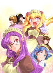 Rule 34 | 6+girls, apron, black hair, blonde hair, blossom (ragnarok online), blue eyes, blue hair, breasts, brown dress, brown eyes, brown hair, closed mouth, collared dress, commentary request, curly sue, dress, earrings, gem, glasses, gloves, hair between eyes, hair bobbles, hair ornament, jasmine (ragnarok online), jewelry, kafra uniform, large breasts, leilah (ragnarok online), long hair, looking at viewer, looking back, looking to the side, maid apron, maid headdress, medium hair, mizuki hitoshi, multiple girls, open mouth, pavianne (ragnarok online), ponytail, puffy short sleeves, puffy sleeves, purple hair, ragnarok online, red eyes, roxie (ragnarok online), short hair, short sleeves, sidelocks, smile, teeth, twintails, upper body, waist apron, white apron, white gloves, yellow background, yellow eyes