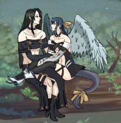 Rule 34 | 1boy, 1girl, black hair, blue hair, boots, breasts, choker, dizzy (guilty gear), guilty gear, guilty gear x, guilty gear xx, highres, long hair, long sleeves, looking at another, midriff, moontears, nature, outdoors, red eyes, revealing clothes, sitting, sitting on person, smile, testament (guilty gear), thighhighs, wings