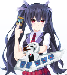 Rule 34 | 10s, 1girl, alternate costume, artist name, bad id, bad pixiv id, black hair, blazer, blue-eyes white dragon, breasts, card, crossover, duel disk, duel monster, hair ribbon, holding, holding card, jacket, keenh, long hair, necktie, neptune (series), noire (neptunia), plaid, plaid necktie, plaid neckwear, plaid skirt, red eyes, ribbon, simple background, skirt, solo, twintails, very long hair, yu-gi-oh!