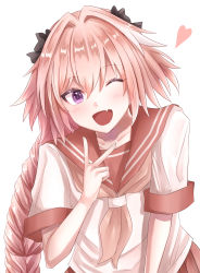 Rule 34 | 1boy, astolfo (fate), astolfo (sailor paladin) (fate), bad id, bad pixiv id, black bow, blush, bow, braid, collarbone, fate/grand order, fate (series), hair bow, heart, highres, long hair, looking at viewer, male focus, multicolored hair, official alternate costume, one eye closed, open mouth, pink hair, pink neckwear, pink theme, rossa (pixiv27548922), smile, solo, trap, upper body, white hair